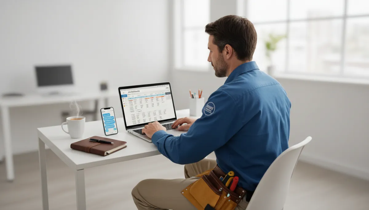 Plumber reviewing text enquiries and booked jobs on laptop and phone