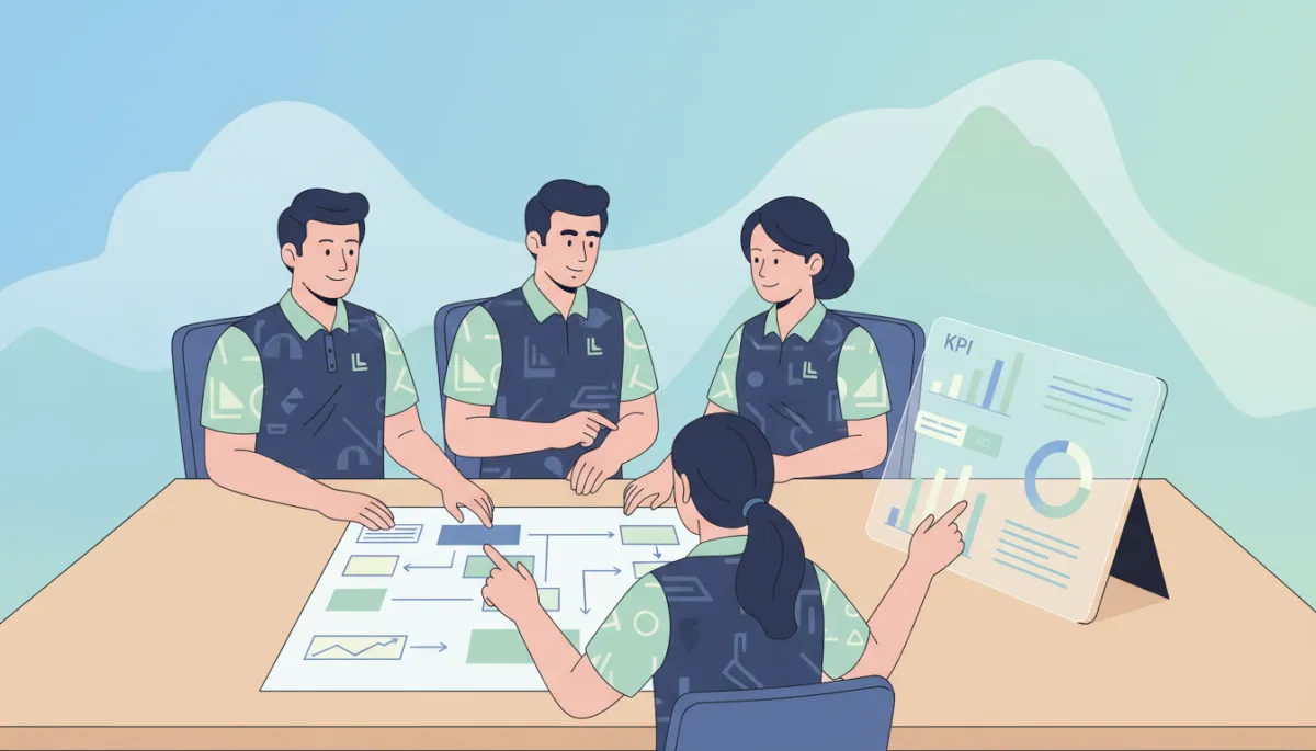 Leadership team reviewing workflow charts and performance dashboards in a meeting room Leadership team reviewing workflow charts and performance dashboards in a meeting room