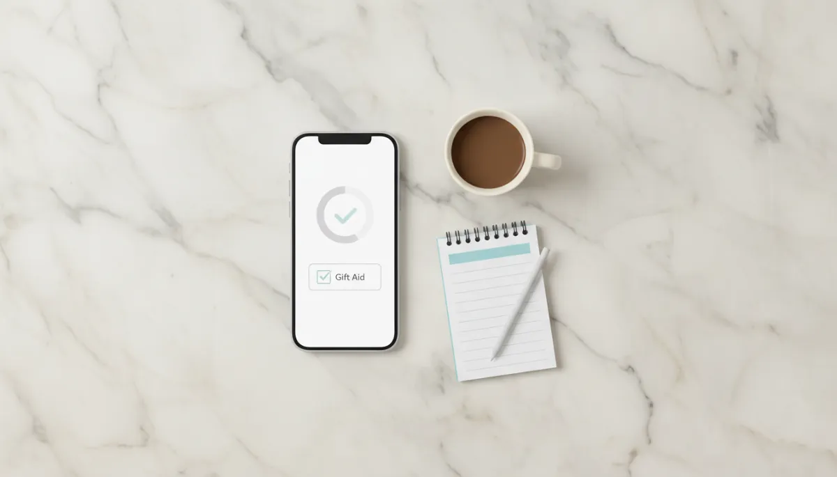 Smartphone showing a confirmed micro-donation with Gift Aid enabled