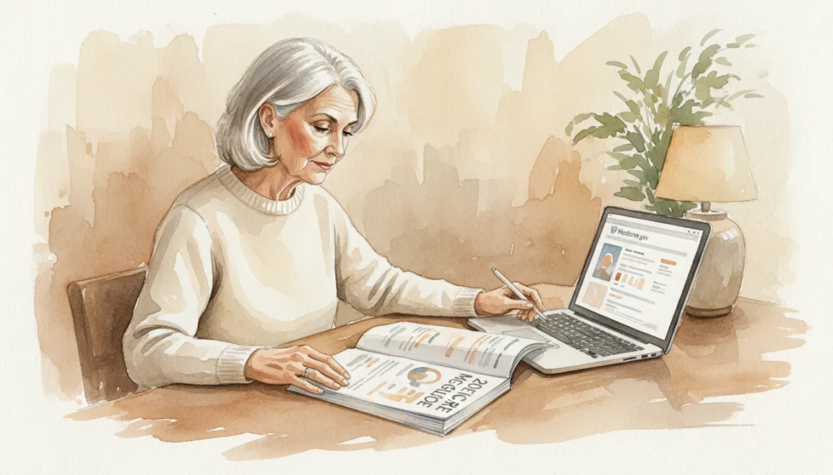 Older adult reading a printed 2026 Medicare guide and checking Medicare options online Older adult reading a printed 2026 Medicare guide and checking Medicare options online