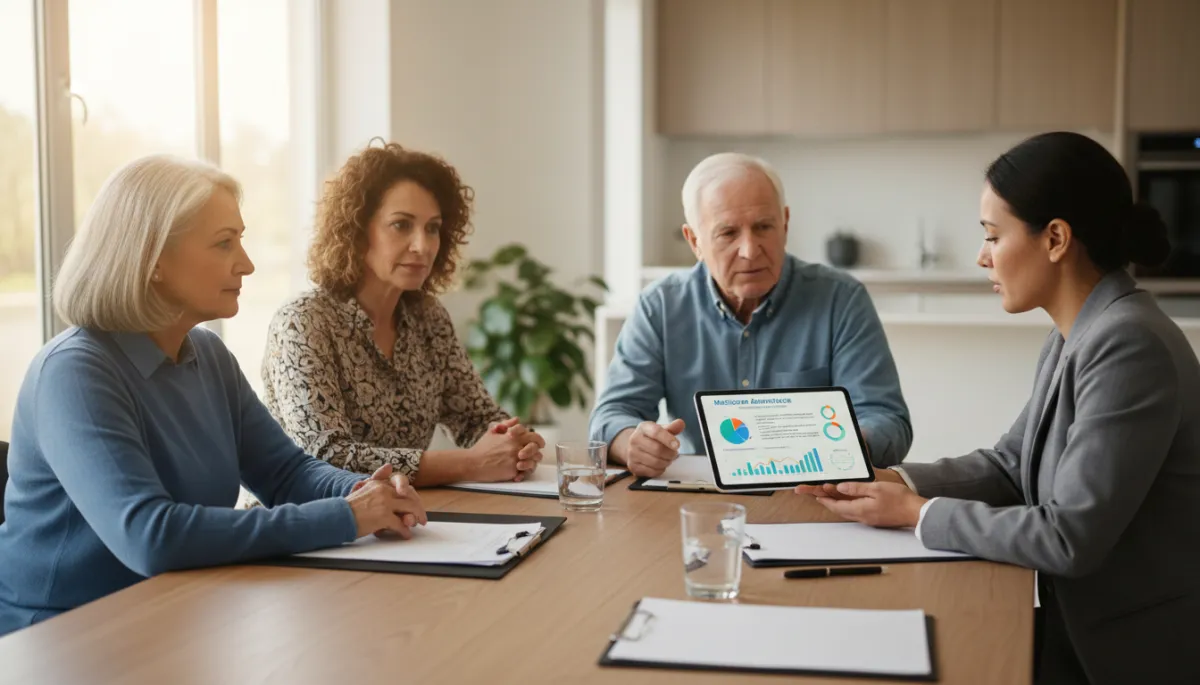A photorealistic, high-quality image of a diverse group of seniors—two women and one man—sitting at a modern kitchen table, engaged in a thoughtful discussion with a licensed Medicare advisor. The advisor is professionally dressed and using a digital tablet to display informative visuals about Medicare Advantage and Medicare Supplement plans for 2026. The table has neatly arranged paperwork and pens, suggesting an organized comparison process. The setting is bright and welcoming, with natural light streaming in, conveying a sense of trust, clarity, and informed decision-making. A photorealistic, high-quality image of a diverse group of seniors—two women and one man—sitting at a modern kitchen table, engaged in a thoughtful discussion with a licensed Medicare advisor. The advisor is professionally dressed and using a digital tablet to display informative visuals about Medicare Advantage and Medicare Supplement plans for 2026. The table has neatly arranged paperwork and pens, suggesting an organized comparison process. The setting is bright and welcoming, with natural light streaming in, conveying a sense of trust, clarity, and informed decision-making.