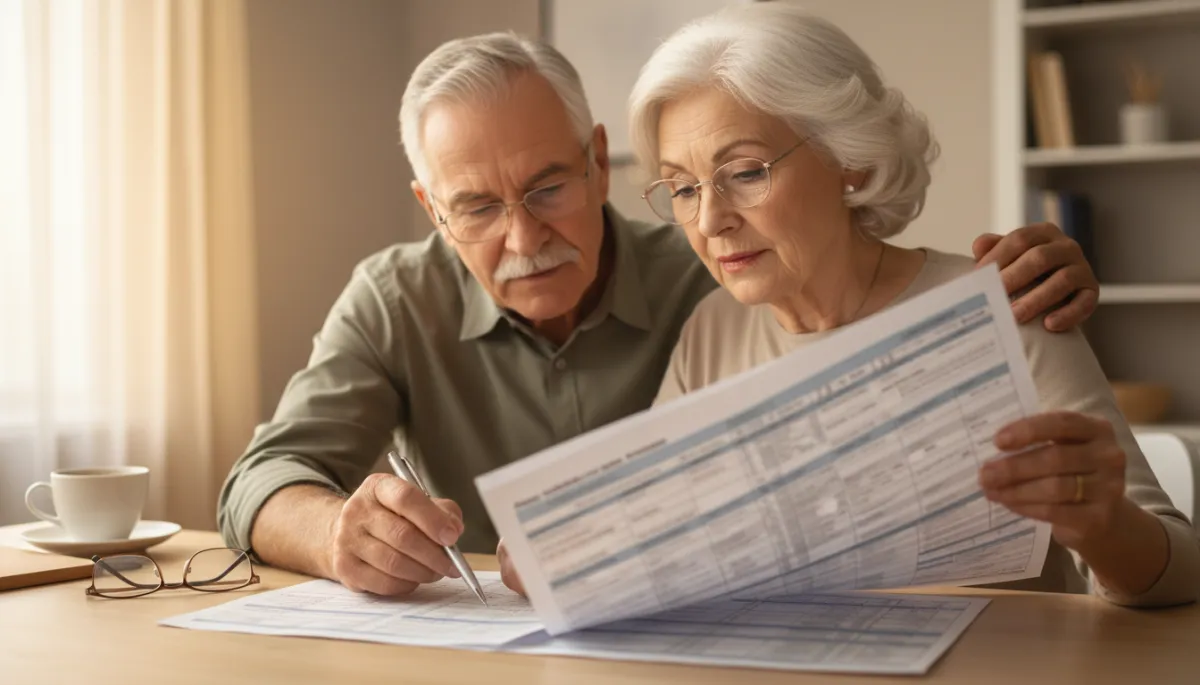 photorealistic neutral-color close-up of a senior veteran man and woman reviewing a printed Medicare Advantage comparison chart with glasses and a pen on the table, soft indoor lighting
