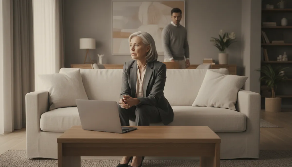 Executive at home looking drained while a partner watches with concern Executive at home looking drained while a partner watches with concern