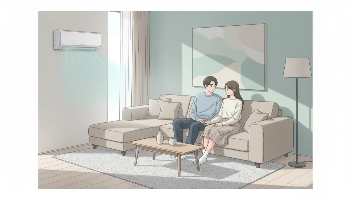 Couple profitant du confort d'une thermopompe dans un salon d'appartement