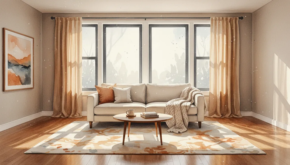 Salon d’appartement avec fenêtres bien isolées et rideaux épais Salon d’appartement avec fenêtres bien isolées et rideaux épais