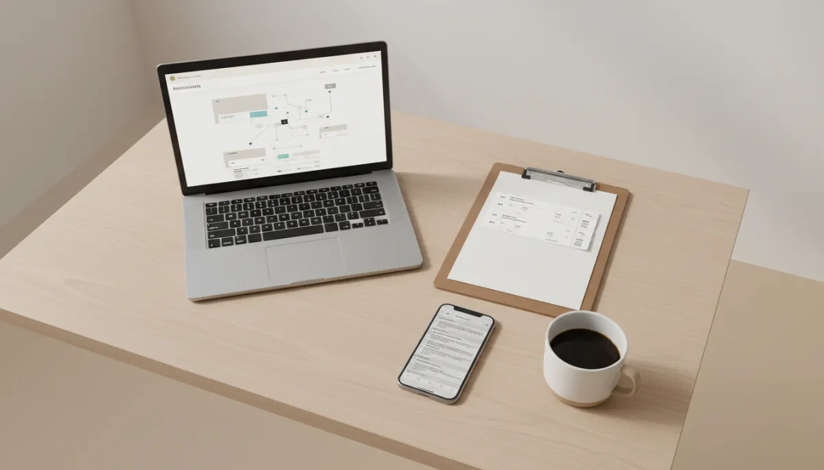Home service office desk with an automation dashboard on a laptop