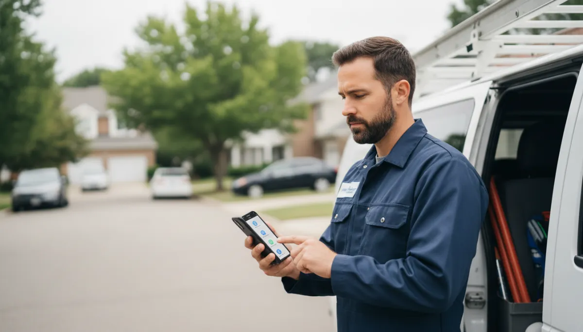 Plumber checking automated job details on a smartphone