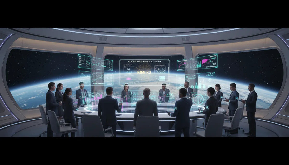 Futuristic sci-fi strategy meeting visualizing AI model choices and tradeoffs