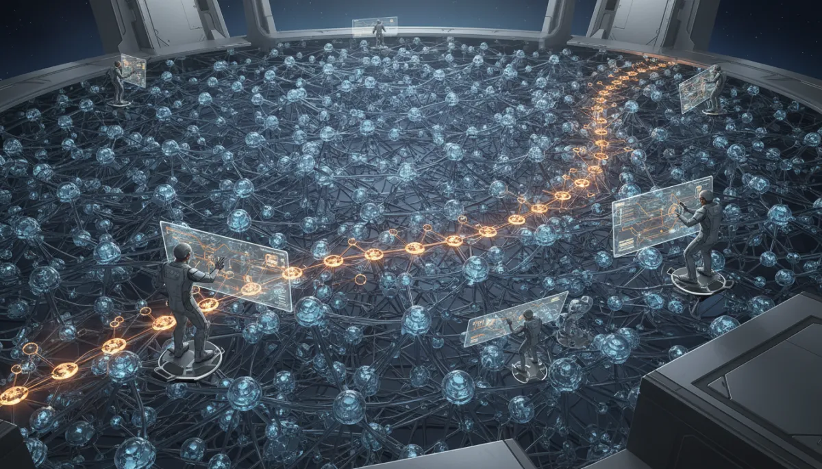 Futuristic sci-fi visualization of Mixture-of-Experts routing through many specialized neural nodes