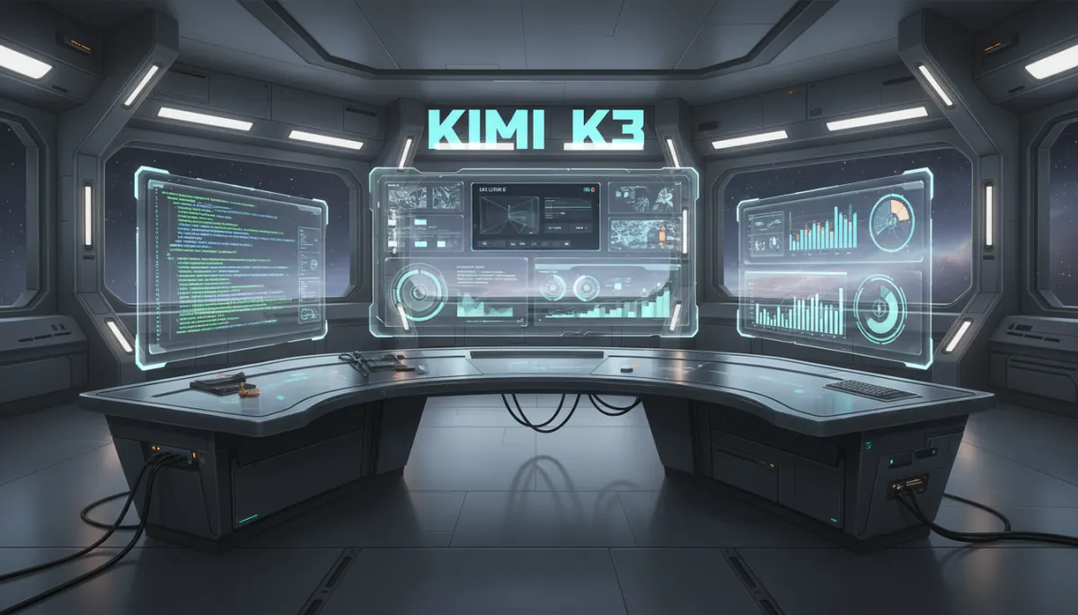 Futuristic sci-fi developer station with holographic front-end coding benchmarks and live previews