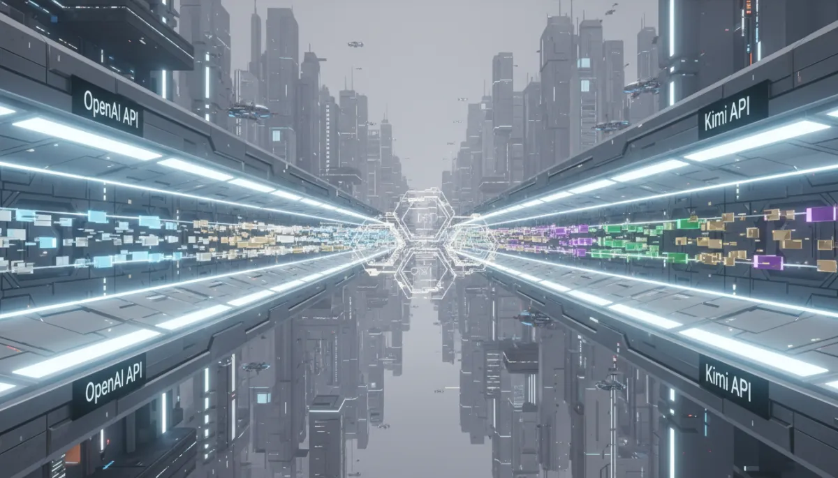 Futuristic sci-fi visualization of compatible API pipelines between different AI providers