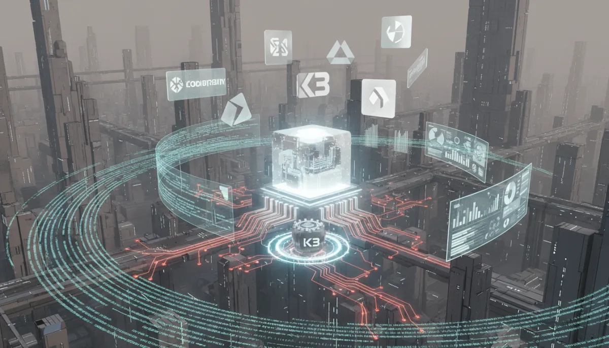 Futuristic sci-fi depiction of multiple companies connecting their systems to a shared AI core