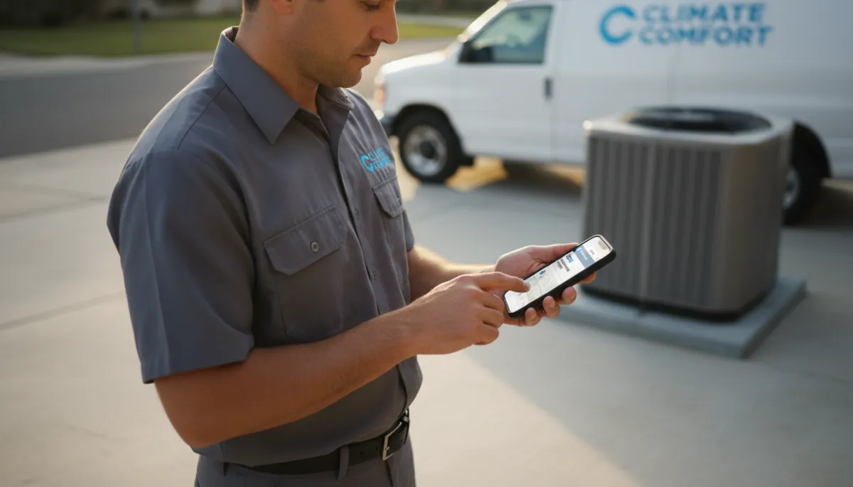 HVAC technician receiving AI-generated job notification on smartphone HVAC technician receiving AI-generated job notification on smartphone