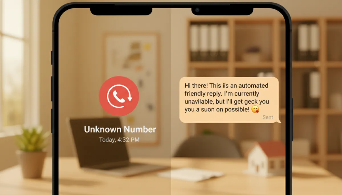 Phone showing a missed call and an instant automated text reply in a real estate office