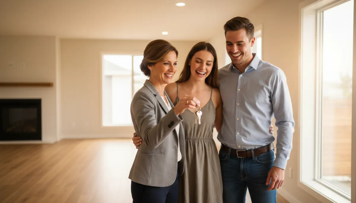 Real estate agent handing house keys to a happy couple in front of a new home
