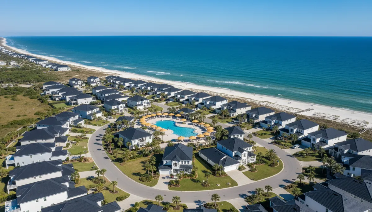 photorealistic aerial view of a planned Emerald Coast neighborhood with curving streets, homes with black roofs and light facades, community pool with gold #d4ac37 umbrellas, nearby white-sand beach and emerald water under a clear blue sky