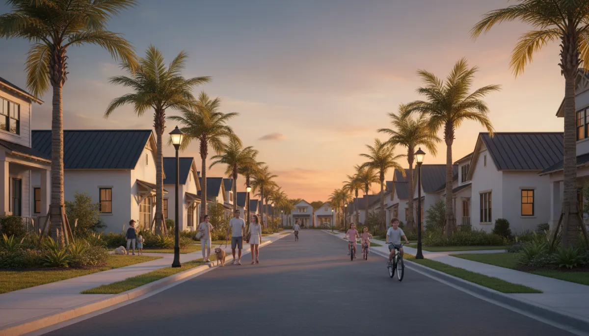 Coastal neighborhood street in Northwest Florida with families enjoying an evening walk