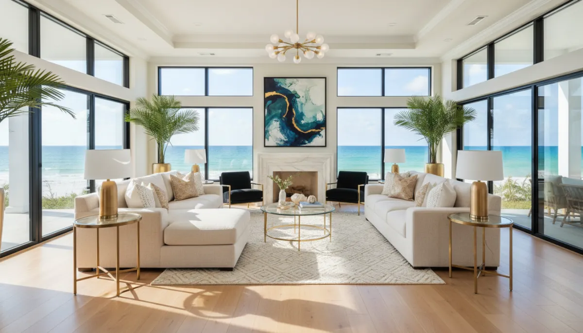 Photorealistic staged luxury Northwest Florida living room prepared for sale