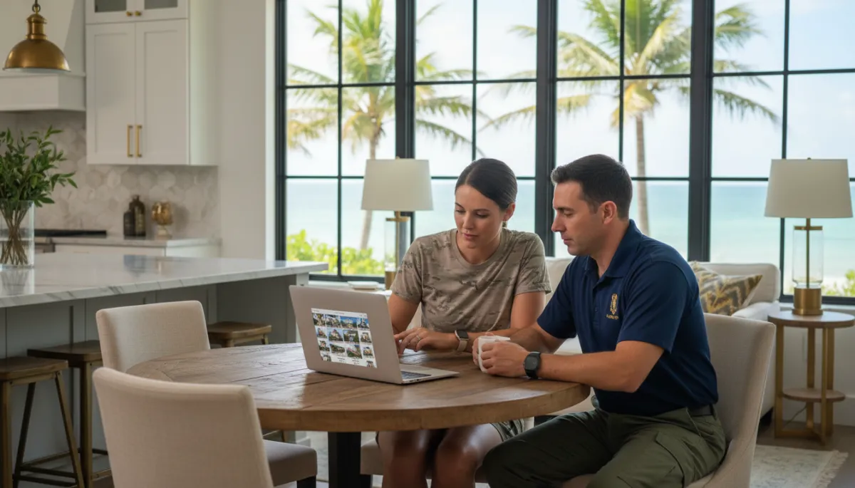 Military couple reviewing Florida home listings during PCS planning