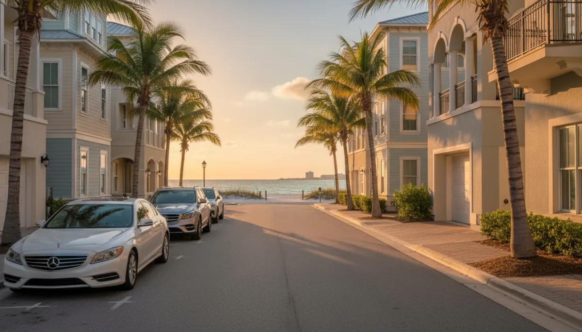 Photorealistic view of coastal townhomes and palm-lined street in Fort Walton Beach