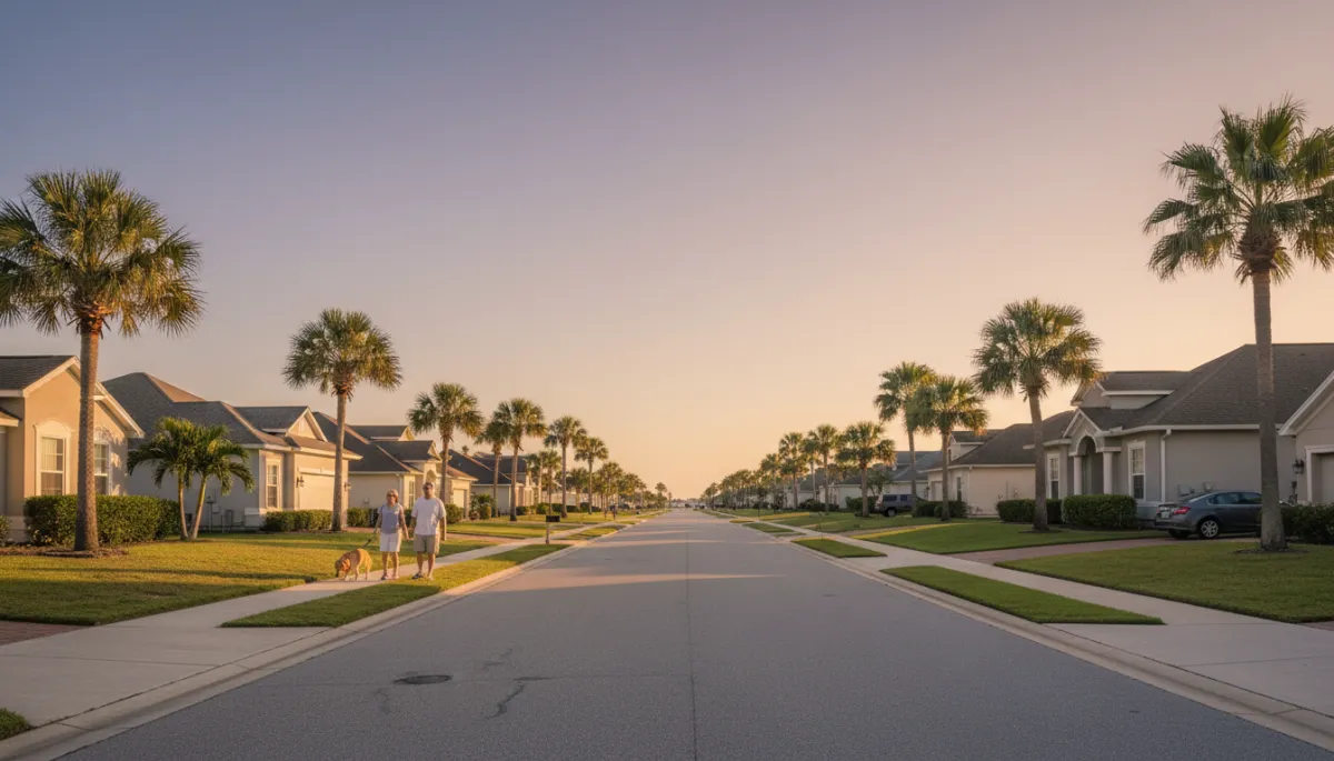 photorealistic streetscape in a Fort Walton Beach neighborhood, neutral color palette, well-maintained single-family homes with palm trees, a couple walking a dog on the sidewalk, late-afternoon light