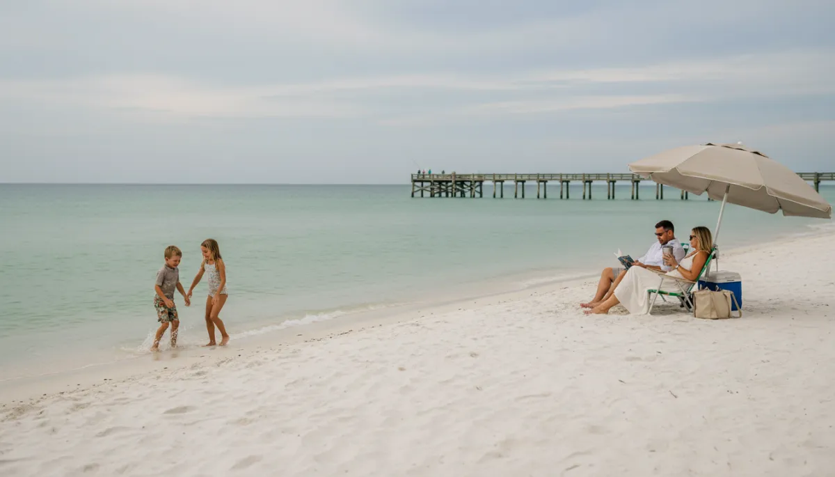 photorealistic family enjoying a day on a quiet Fort Walton Beach shoreline, neutral tones, children playing near the water, parents relaxing under a beach umbrella, distant pier and calm emerald water