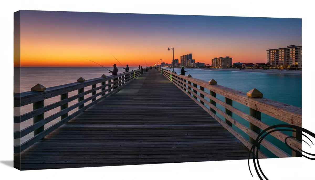 Photorealistic evening scene on Navarre Beach pier with anglers and glowing shoreline