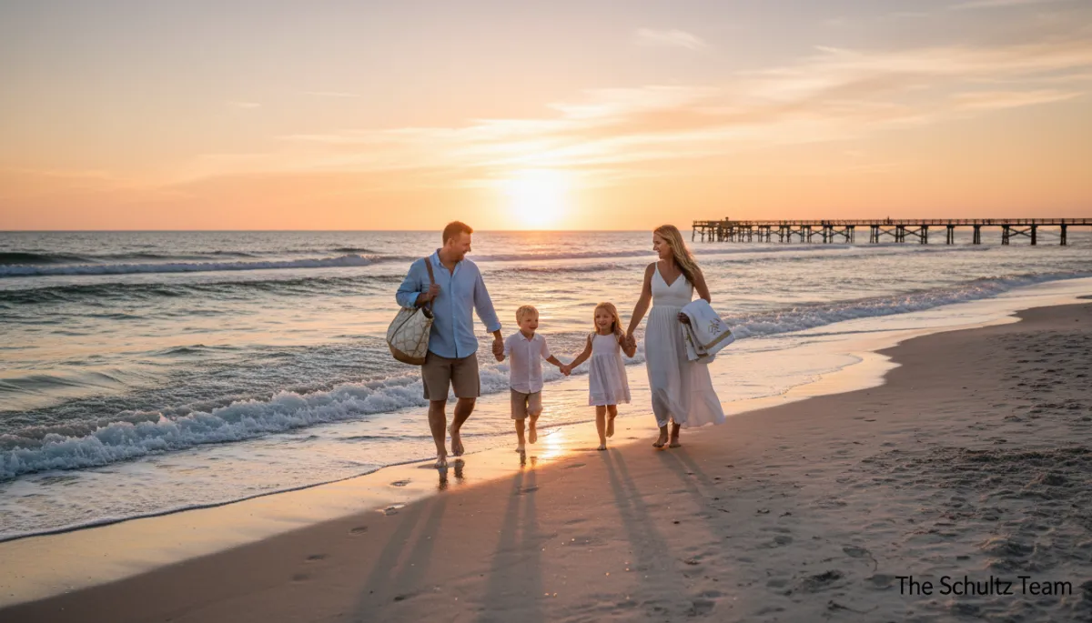 Photorealistic family enjoying a sunset walk along Navarre Beach shoreline