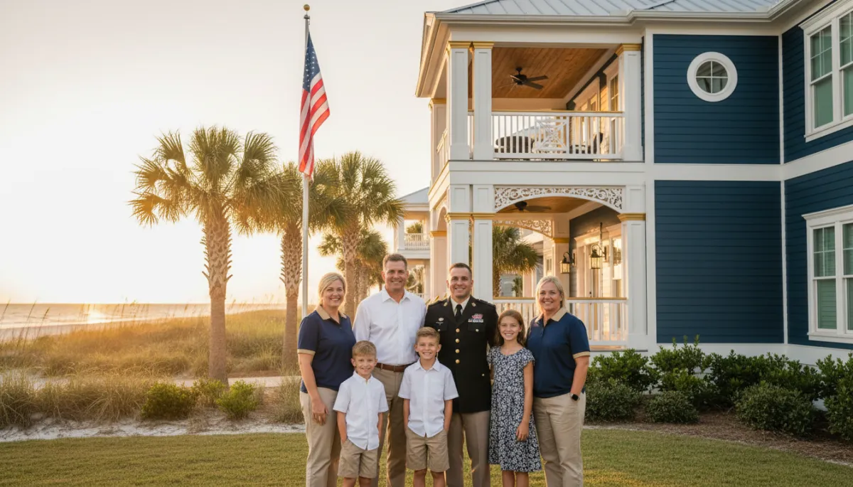 The Schultz Team standing with a military family in front of their new Emerald Coast home