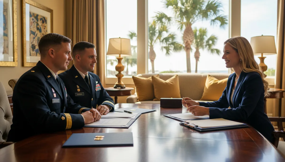 Military couple signing home purchase documents with local Emerald Coast realtor