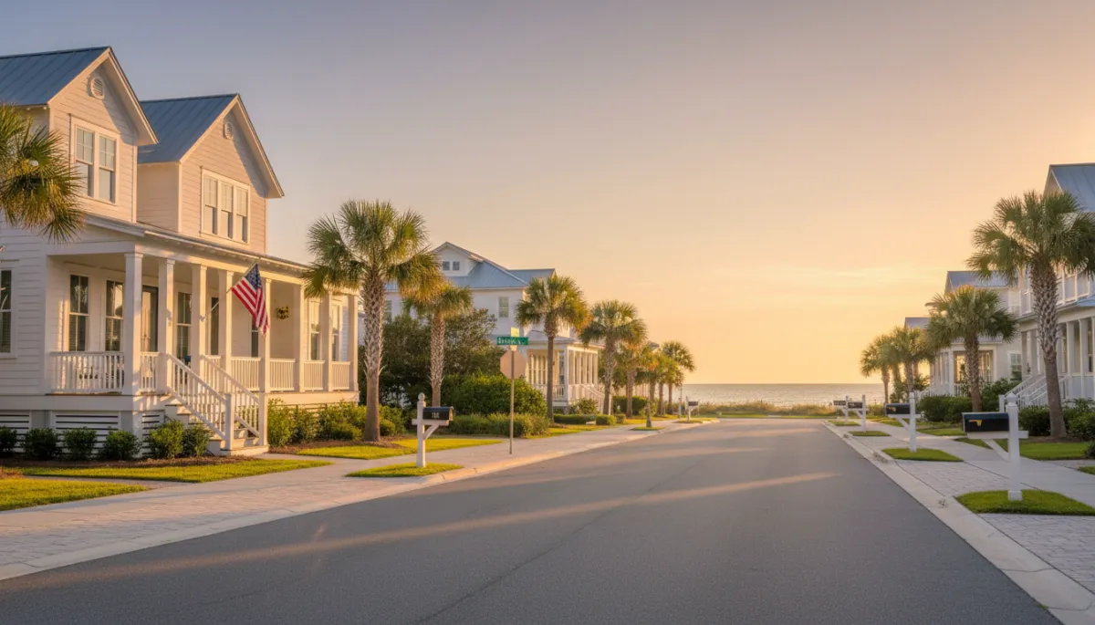 Family-friendly neighborhood street near Eglin AFB at sunset