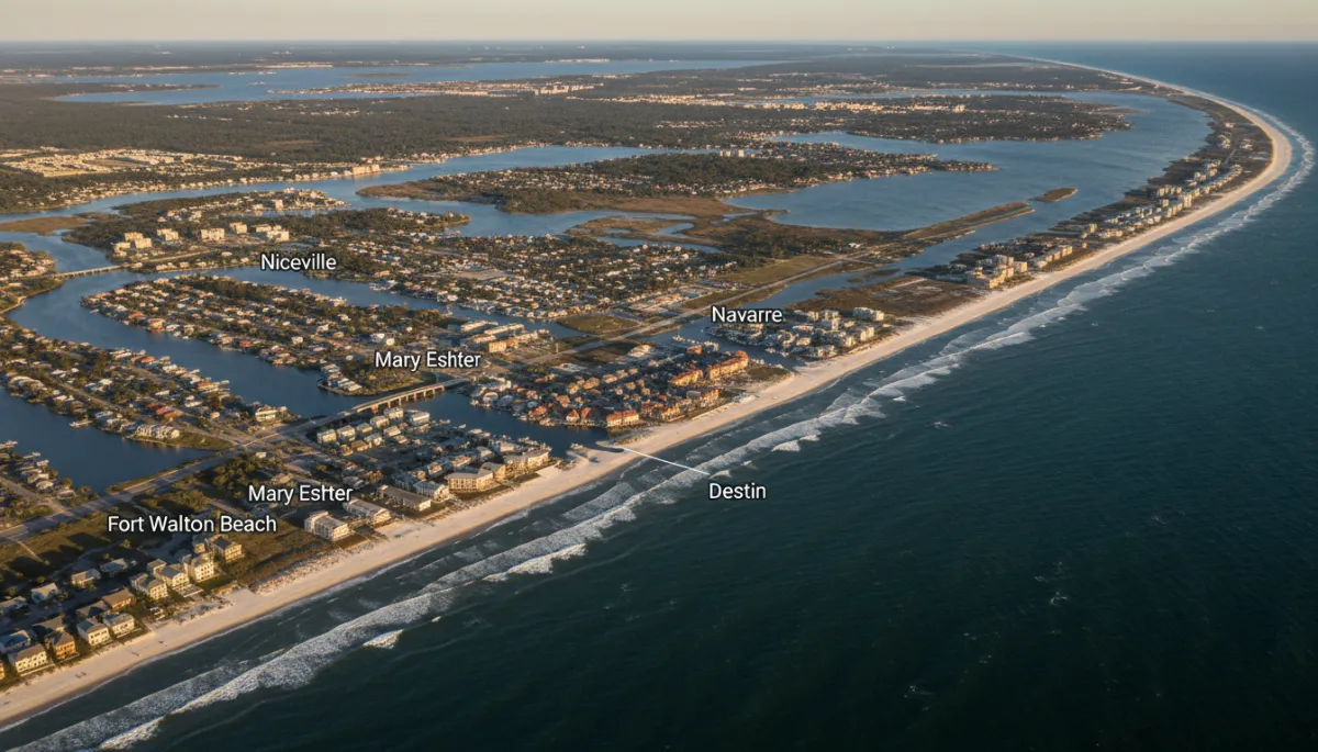 Aerial view of Emerald Coast communities near Hurlburt Field