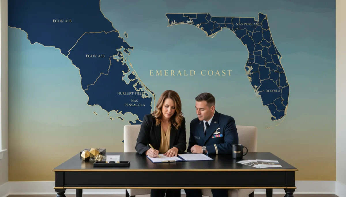 Real estate agent in Niceville Florida advising a military couple on VA home loan options