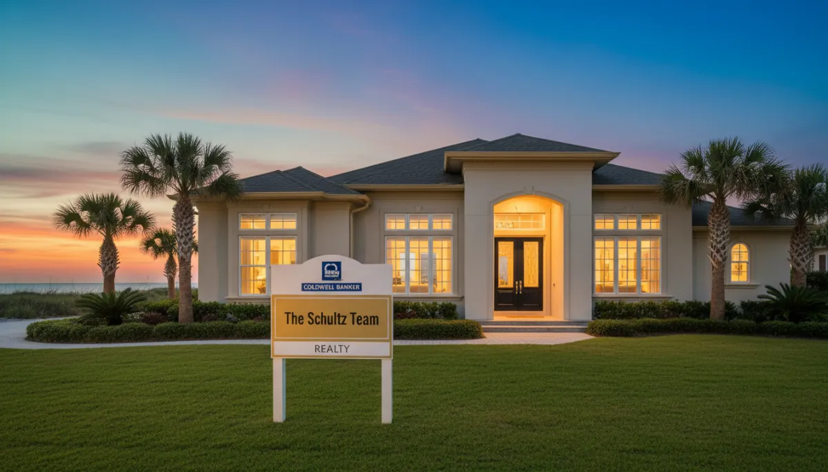 Coastal home in Miramar Beach with real estate sign for The Schultz Team