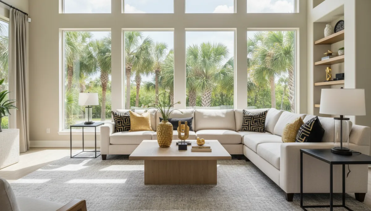 Professionally staged Northwest Florida living room with neutral decor
