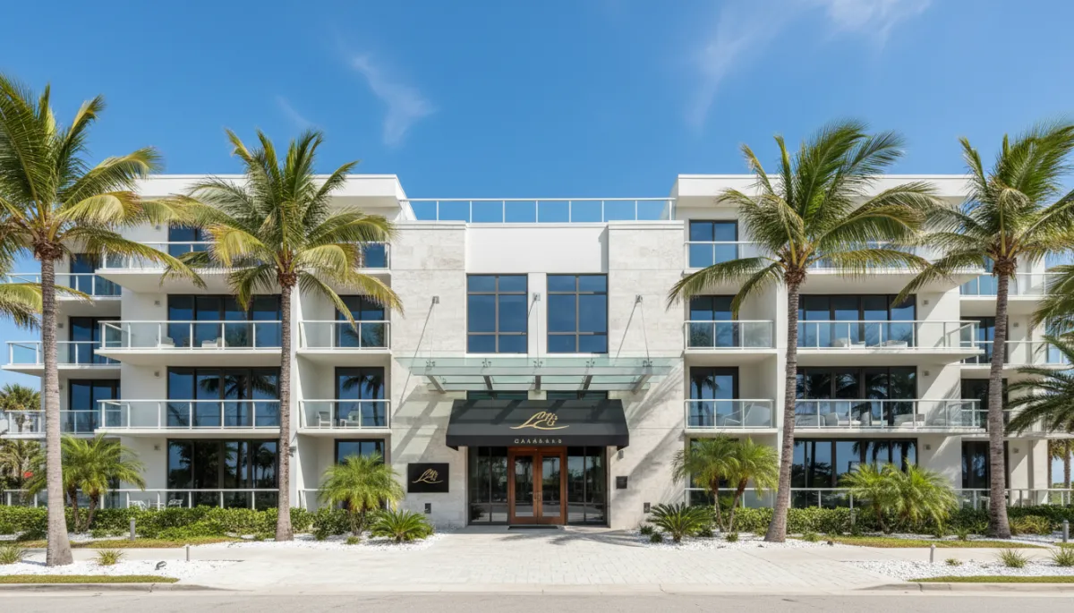 Photorealistic view of a modern coastal condo building with palm trees and balconies