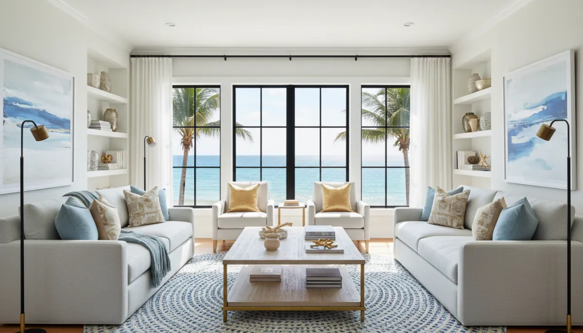 Photorealistic staged coastal Northwest Florida living room with gold and black accents