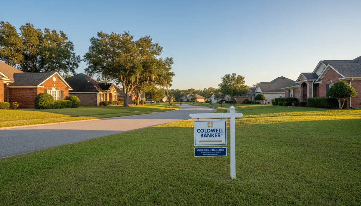 Neighborhood street in Niceville Florida with well-kept homes and a real estate sign