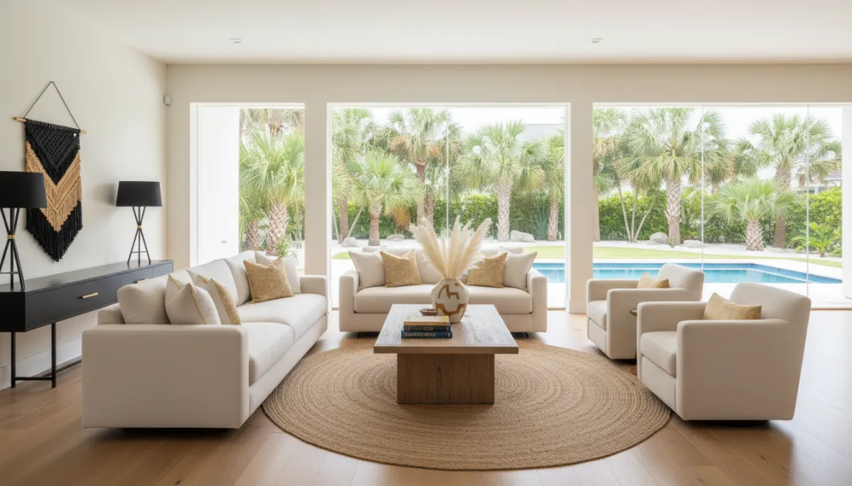 Staged coastal living room in a Northwest Florida home prepared for sale