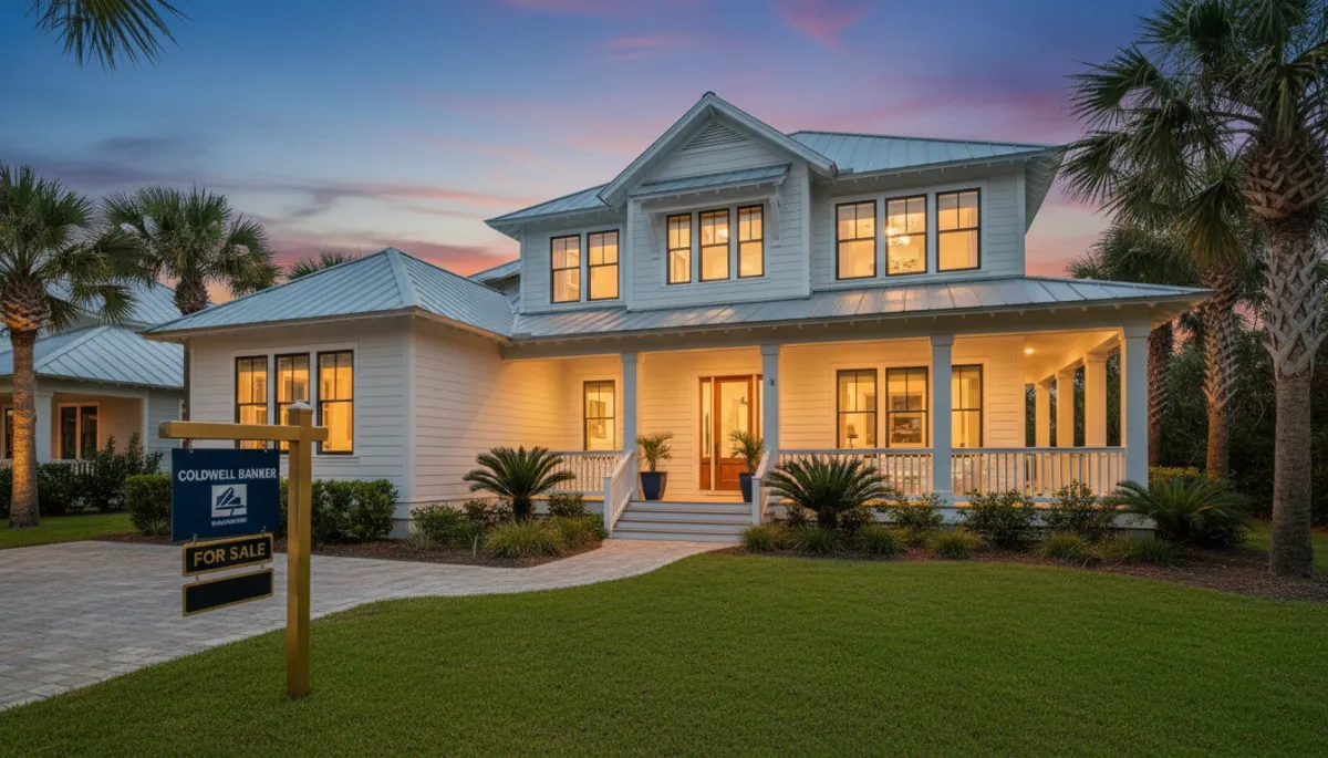 Twilight exterior of a Northwest Florida home with a for-sale sign in the yard