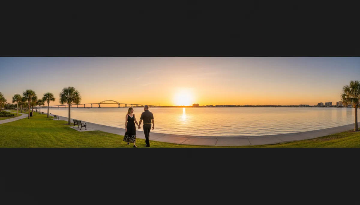photorealistic panoramic view of Niceville Florida bayfront with calm water, park area, and distant bridge, a couple in casual clothes holding hands with subtle gold #d4ac37 accents in their accessories, warm late-afternoon light