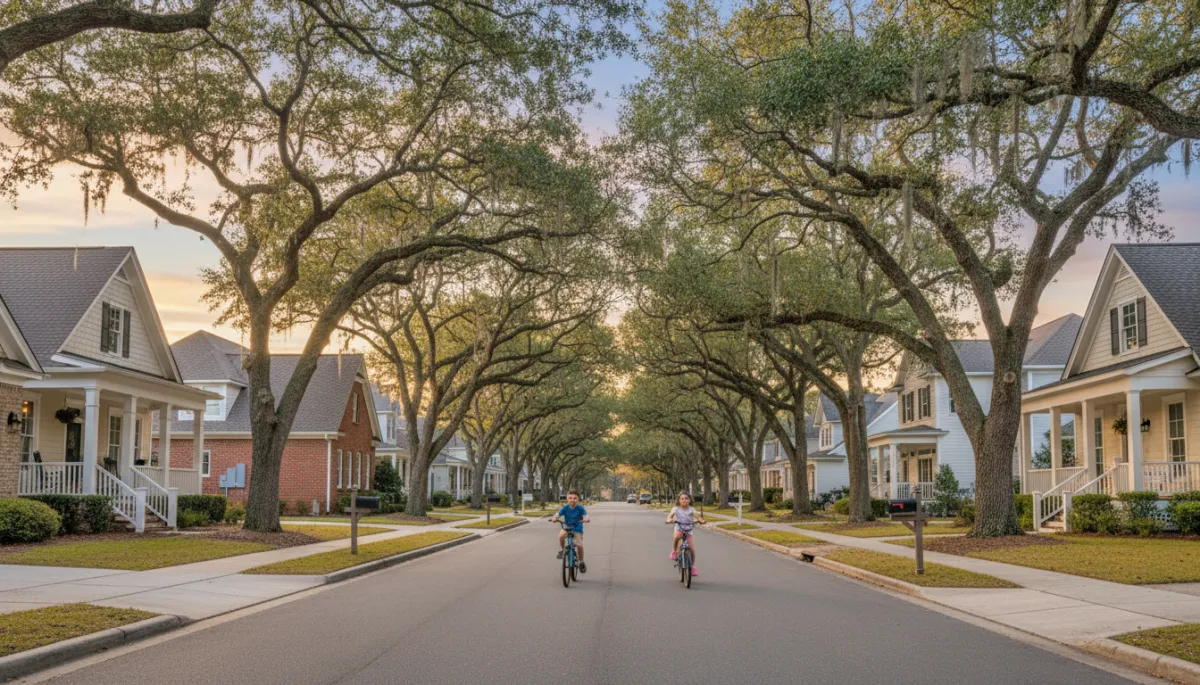 photorealistic quiet NW Florida neighborhood street in Niceville with mature trees, brick and coastal-style homes, children playing on bikes, soft evening light and subtle gold #d4ac37 accents on mailbox flags and porch decor
