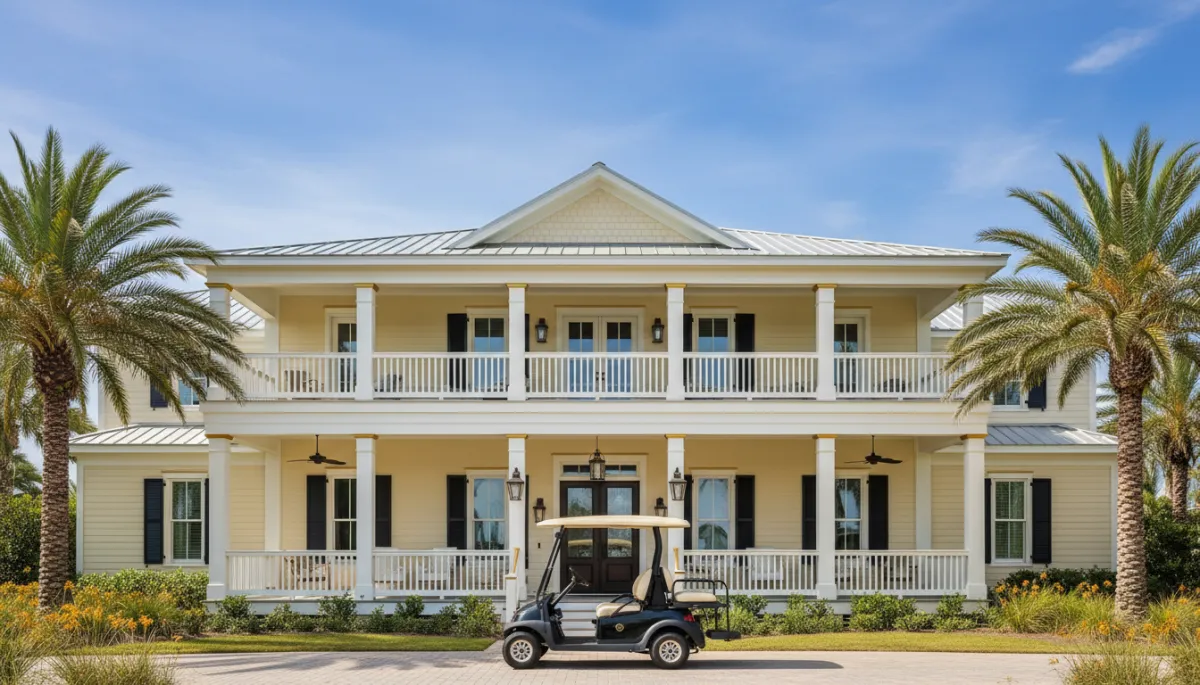 Elegant Northwest Florida beach vacation rental home with porch and palm trees