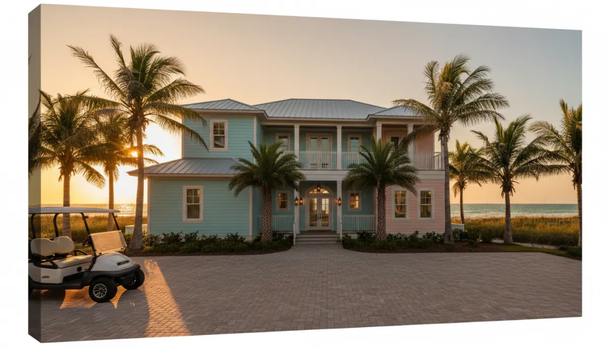 Destin coastal vacation rental home with palm trees and coastal architecture