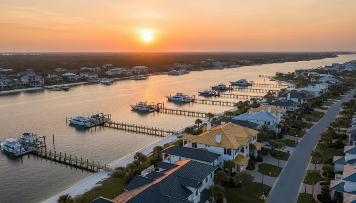 Waterfront neighborhood in Northwest Florida with docks and bay views
