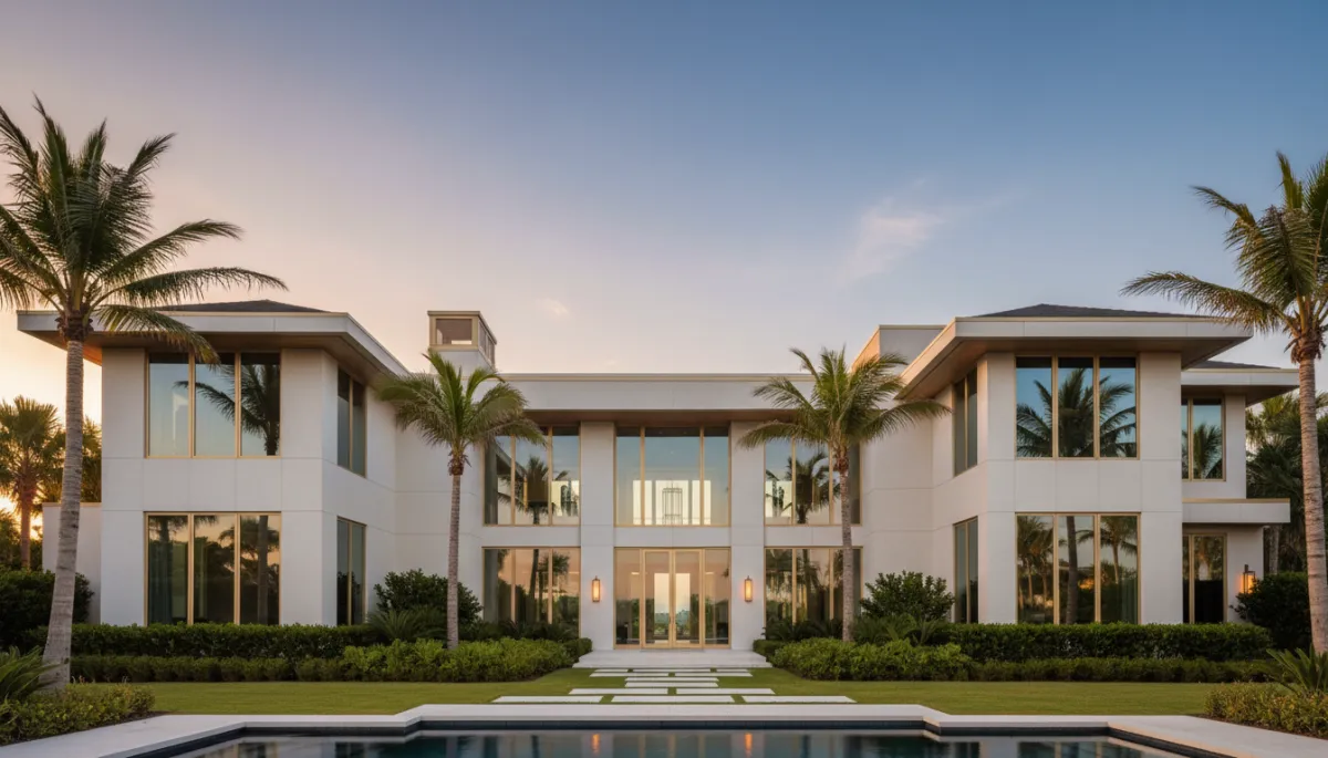 Luxury Northwest Florida home exterior at golden hour