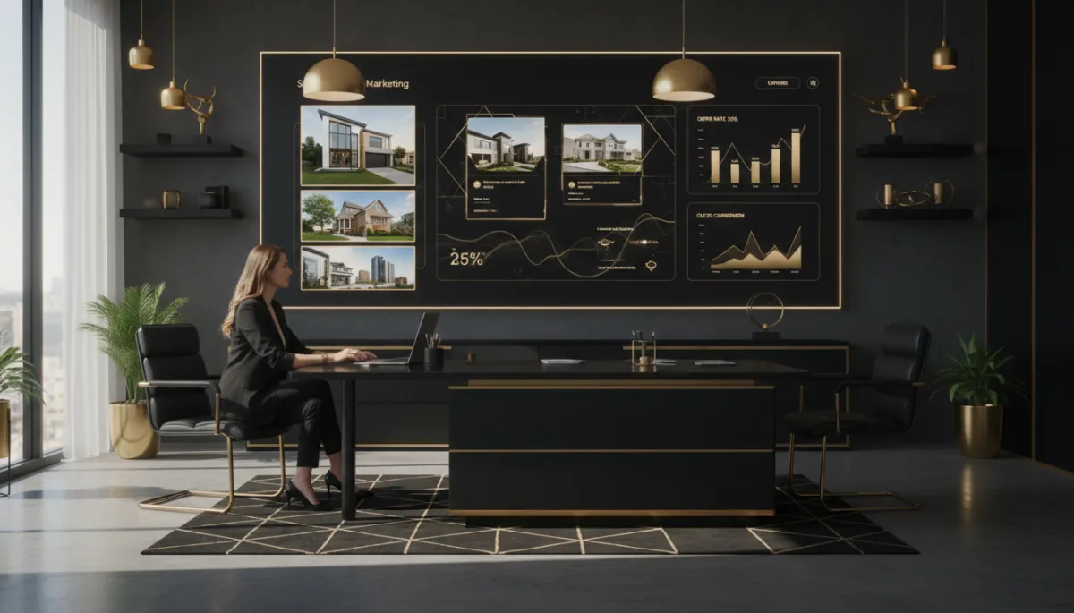 photorealistic scene of a real estate agent in a modern office reviewing a digital marketing dashboard on a large screen showing property photos, social media ads, and email campaign metrics, with gold #d4ac37 and black accent colors in the workspace