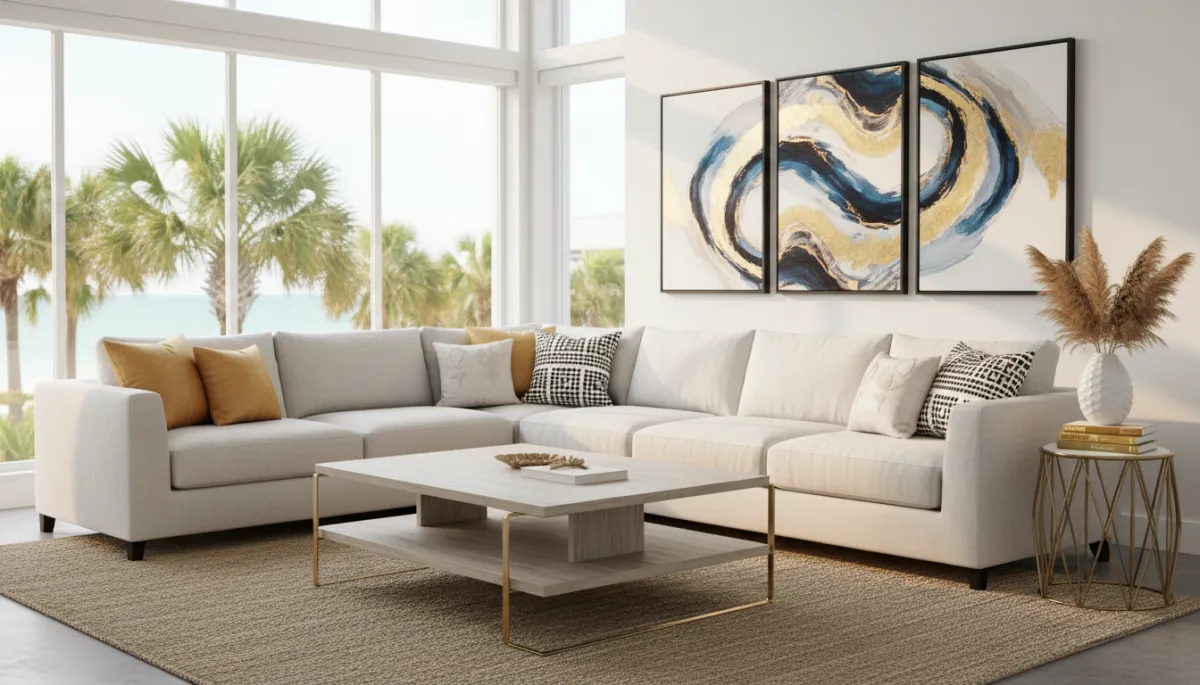 photorealistic bright interior of a professionally staged NW Florida living room with coastal accents, gold #d4ac37 throw pillows and decor, black framed artwork, large windows with natural light, tidy and inviting furniture layout