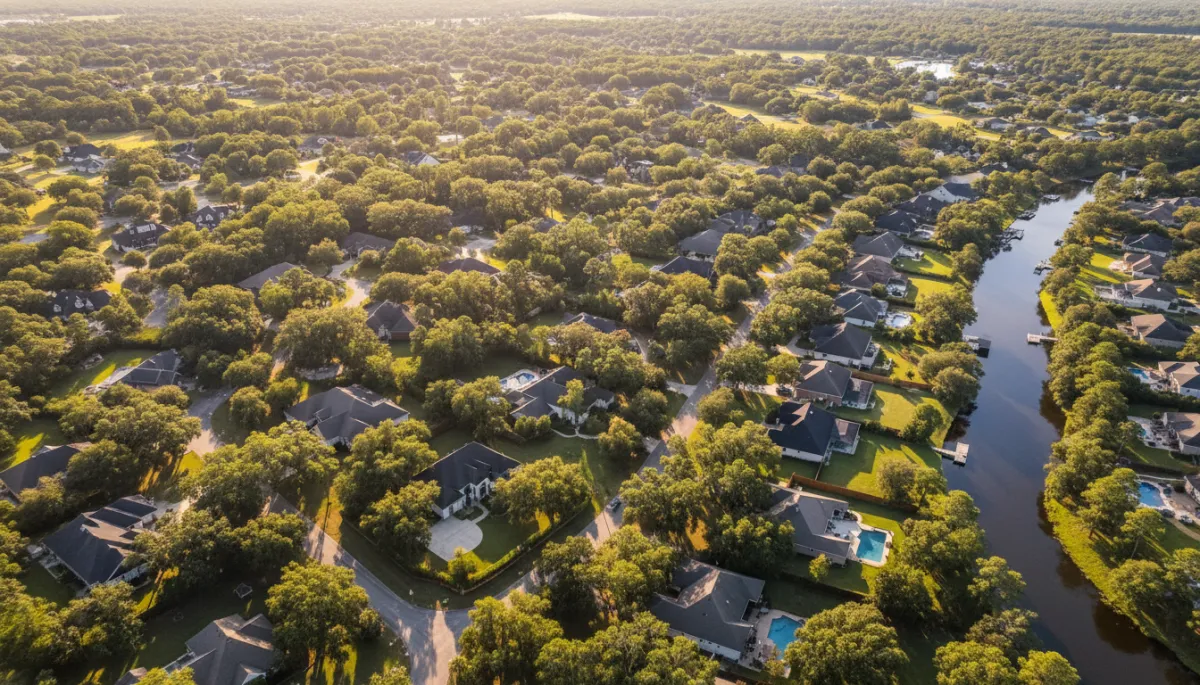 Aerial view of single-family homes in a Niceville neighborhood near the bayou