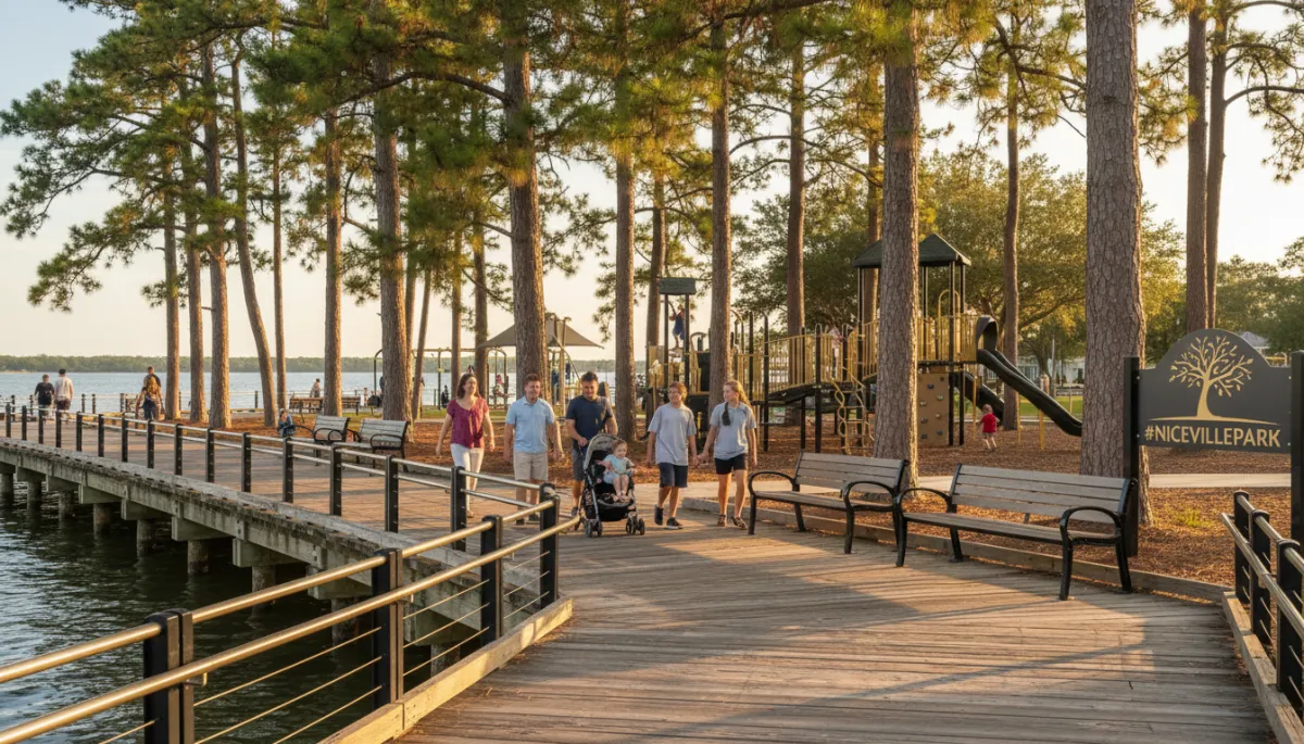 Families enjoying a waterfront boardwalk and park in Niceville